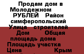 Продам дом в Молодежном 5 3000000РУБЛЕЙ › Район ­ симферопольский › Улица ­ строителей › Дом ­ 5 › Общая площадь дома ­ 55 › Площадь участка ­ 8 › Цена ­ 3 000 000 - Крым, Симферополь Недвижимость » Дома, коттеджи, дачи продажа   